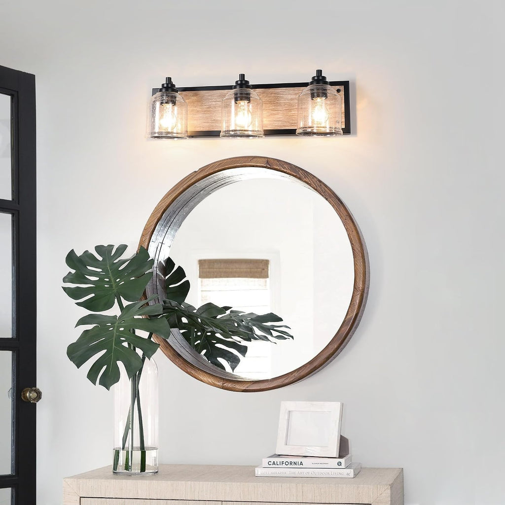 3-Light Bathroom Vanity Light Large 23', Vanity Lights for Bathroom, Farmhouse Rustic Gray Bathroom Light Fixtures Over Mirror with Bubble Glass Shades, Hand-Painted Wood-Look Metal Backplate