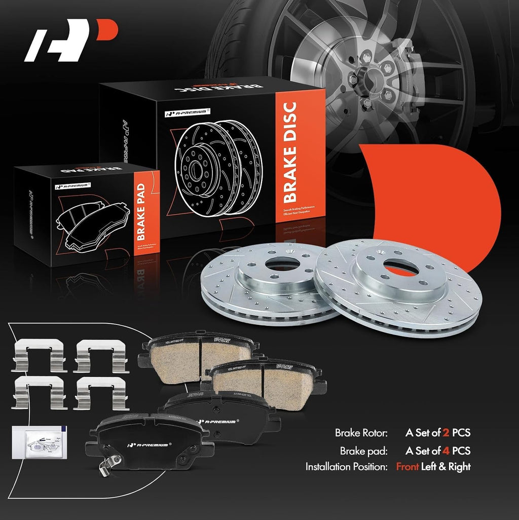 A-Premium 10.87 inch (276mm) Front Drilled and Slotted Disc Brake Rotors + Ceramic Pads Kit Compatible with Select Chevrolet Models - Cruze 2016-2019, Volt 2016-2019, Bolt EV 2017-2021, 6-PC Set