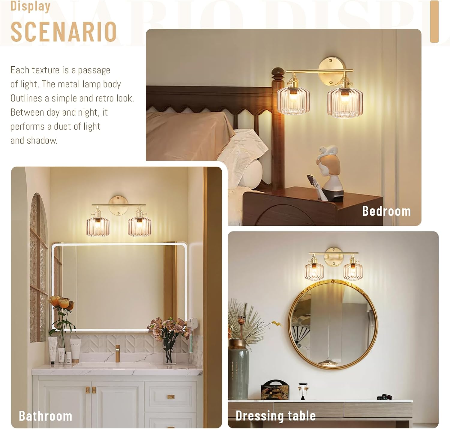 Vintage Glass Wall Sconce, 2-Light Brass Gold Bathroom Lighting Fixtures Over Mirror, Ribbed Vanity Wall Light with Amber Glass Shade, E26 Base for Bedroom, Dressing Table, Hallway