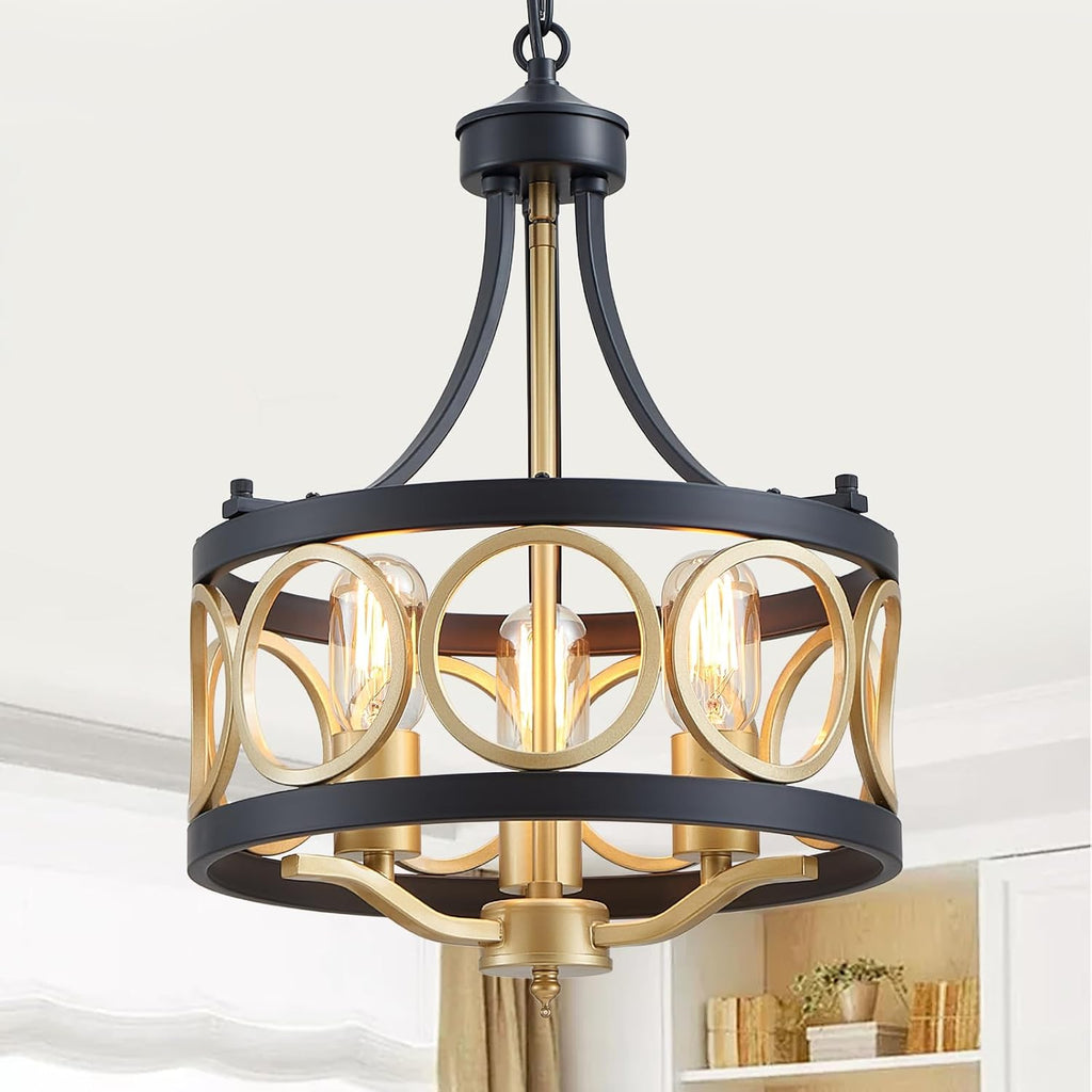 XINGQI 12.6' Modern Farmhouse Chandelier 13 Inch Black Gold Chandeliers Small Drum Dining Room Light Fixture 3-Light Rustic Metal Pendant Lamp for Entryway Bedroom Hallway E26 Base