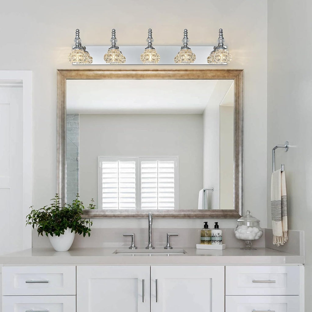 Modern Glass Crystal Vanity Light - Vintage Bathroom Lighting Fixtures Over Mirror, 5 Light Vanity Lights, G9 Bulb (35.43 Inch, Chrome)