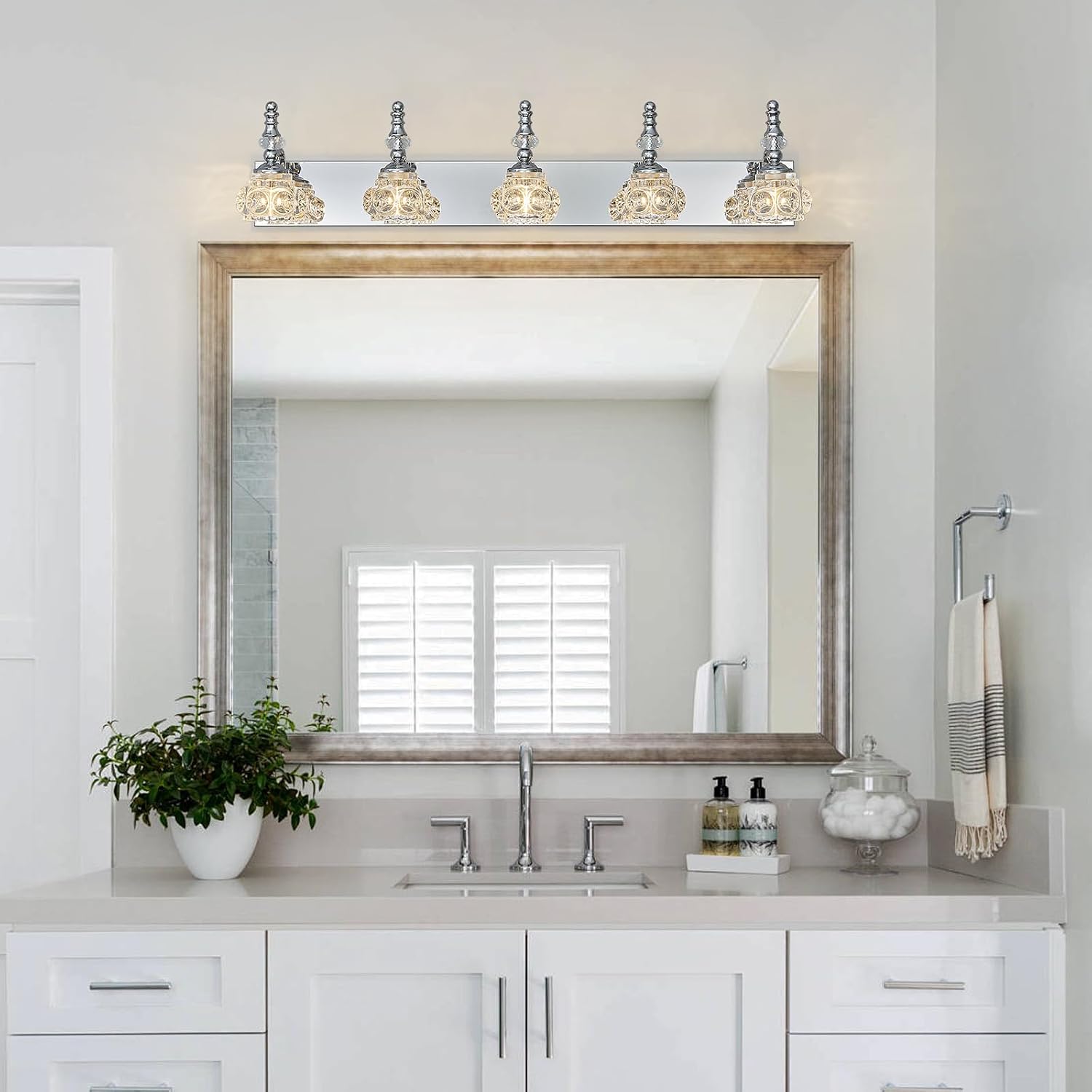 Modern Glass Crystal Vanity Light - Vintage Bathroom Lighting Fixtures Over Mirror, 5 Light Vanity Lights, G9 Bulb (35.43 Inch, Chrome)