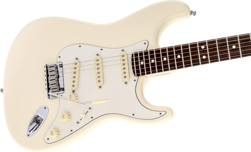 Fender Jeff Beck Stratocaster Olympic White Bundle with Premium Tweed Case, Instrument Cable, Tuner, Guitar Strap, Extra Strings, 24-Pack of Picks, and Austin Bazaar DVD