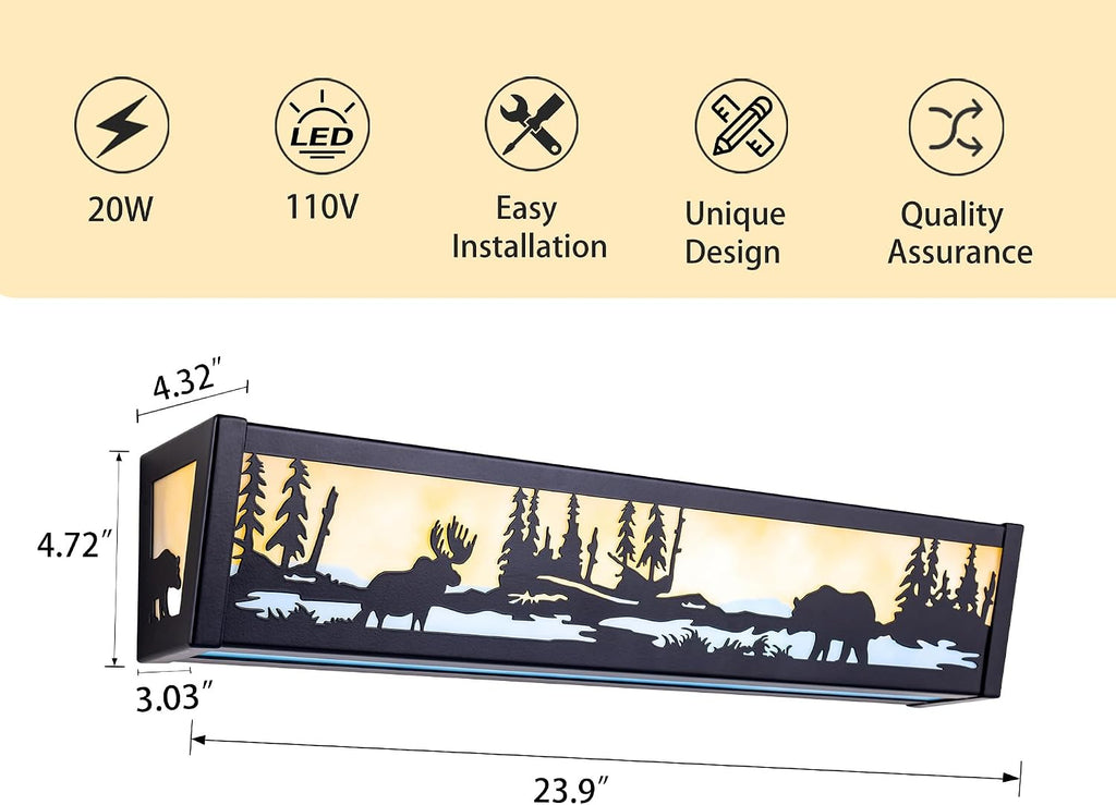 TOCHIC Farmhouse LED Bathroom Vanity Light, Matte Black Western Light Fixture Over Mirror, Rustic Deer & Bear Vanity Lights for Bathroom, Mirror Cabinets, Powder Room, Living Room, 24' L