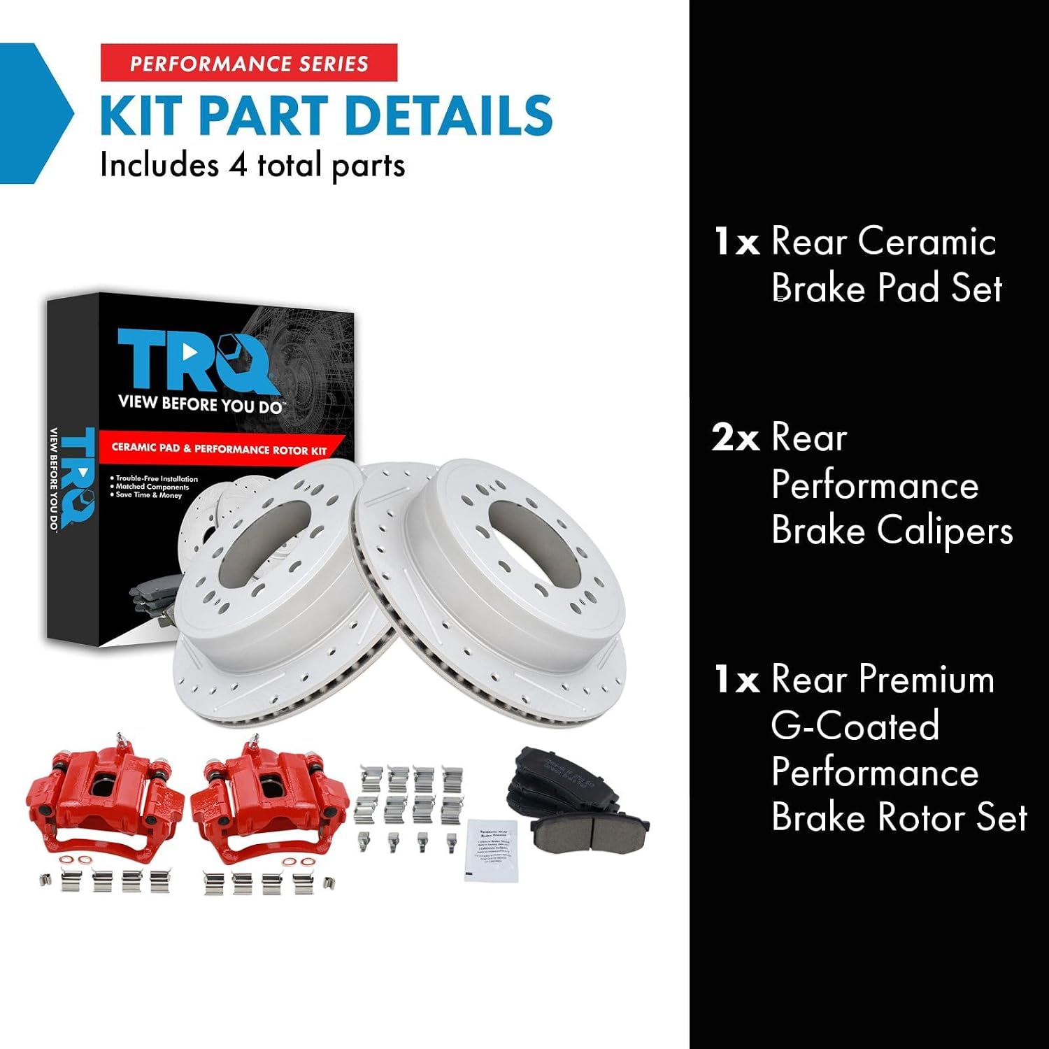 TRQ Performance Rear Brake Pad and Rotor Set Ceramic Coated Drilled Slotted Vented Rotors Calipers Red Compatible with 2010-2020 Lexus GX460 2010-2018 Toyota 4Runner