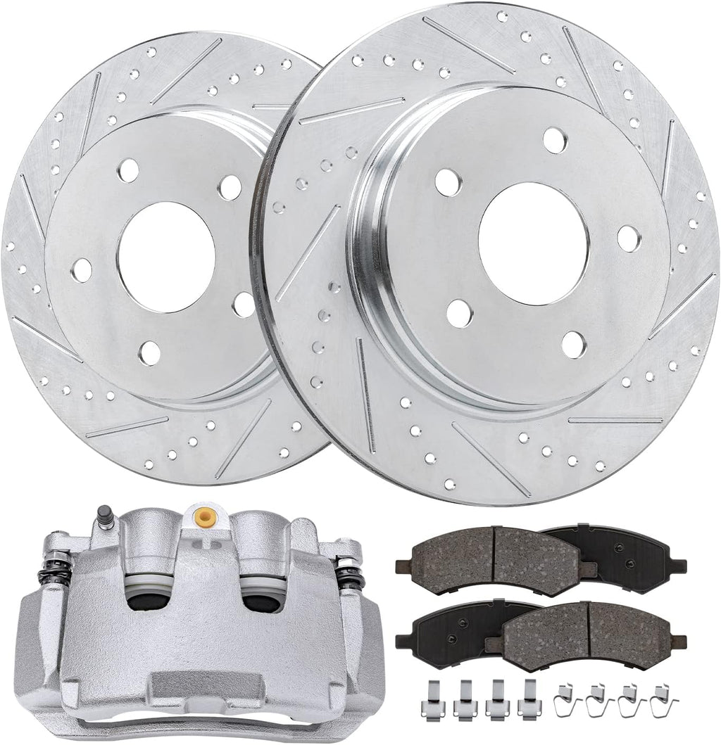 Detroit Axle - Front Brake Kit for 09-10 Dodge Ram 1500, 11-18 Ram 1500, 19-23 Ram 1500 Classic Drilled and Slotted Brakes Rotors Brake Caliper Ceramic Brakes Pads Replacement : 13.23 inch Front Rotor