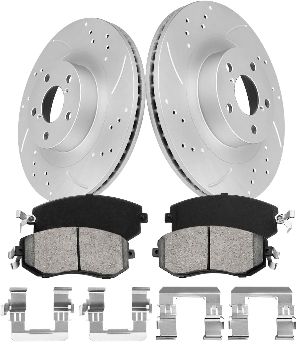 Front Brake Disc Rotors and Ceramic Brakes Pads Compatible with 2010-2018 Subaru Forester, 2013-2014 Outback,Automotive Replacement Brake Kits Geomet Drilled and Slotted Rotors 293.4mm(11.6in)