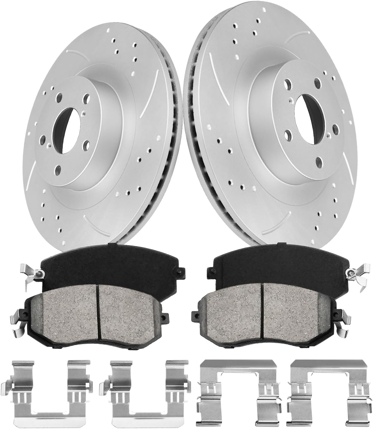 Front Brake Disc Rotors and Ceramic Brakes Pads Compatible with 2010-2018 Subaru Forester, 2013-2014 Outback,Automotive Replacement Brake Kits Geomet Drilled and Slotted Rotors 293.4mm(11.6in)