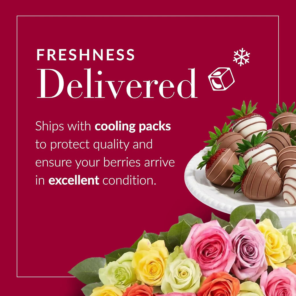Shari's Berries 24 Assorted Roses with Vase & 6 Gourmet Chocolate Covered Strawberries Gift Set | Flower & Chocolate Gift Delivery for Birthdays, Anniversaries, Weddings, or Saying Thank You