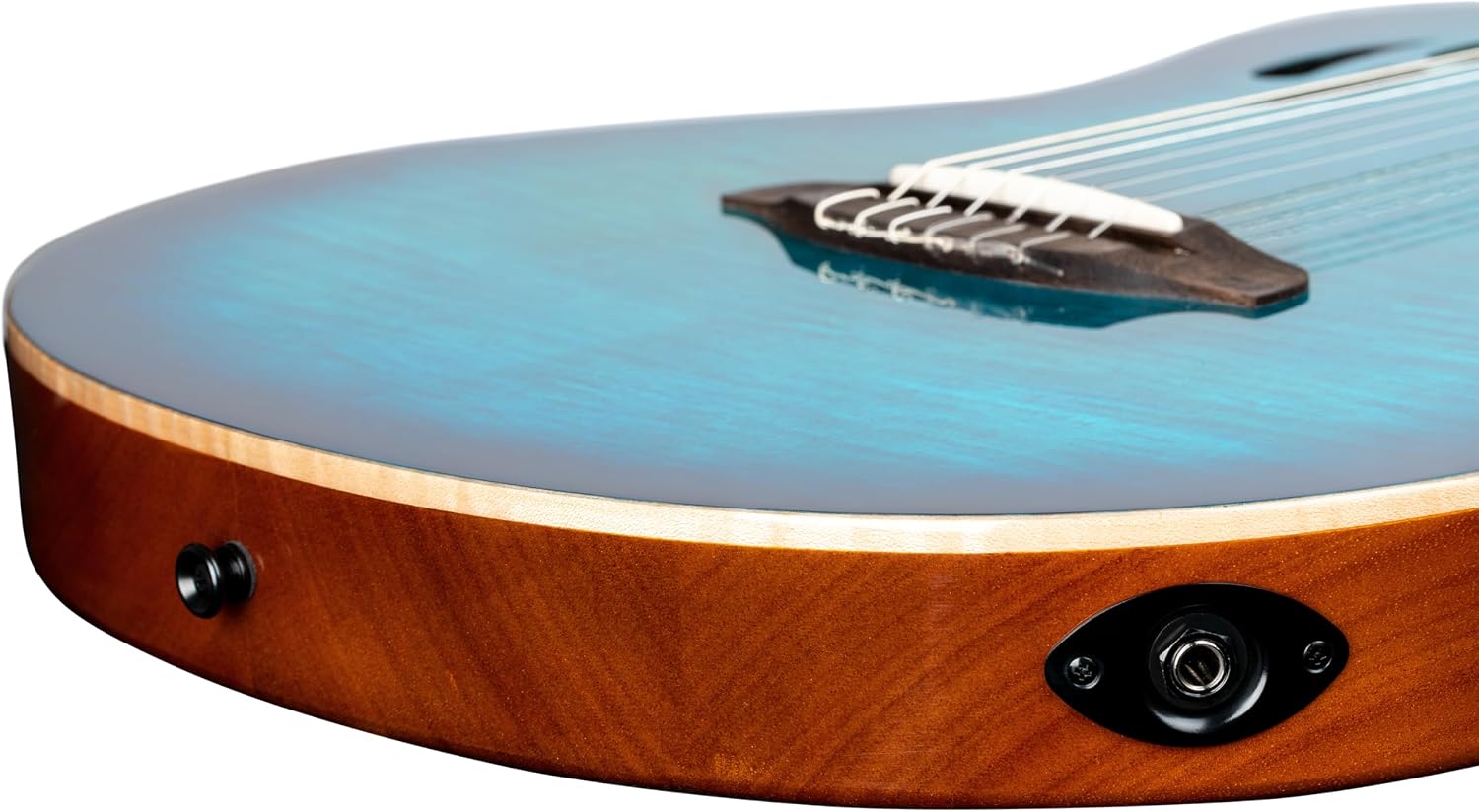 Ortega TourPlayer Deluxe Thinline Crossover Nylon-String Electric Guitar w/Pro gig bag, Flamed Maple Gloss Blue (RTPDLX-FMA)