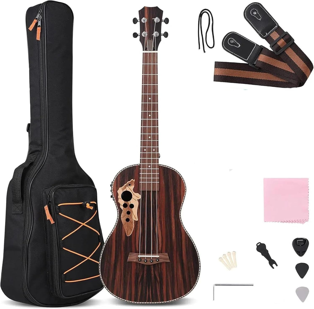 Adult Ukulele 30' All Black Wood Bass Acoustic Electric Guitar Left Hand Ukulele With Truss And EQ With Gig Bag Strap Nylon Strings(Right hand)