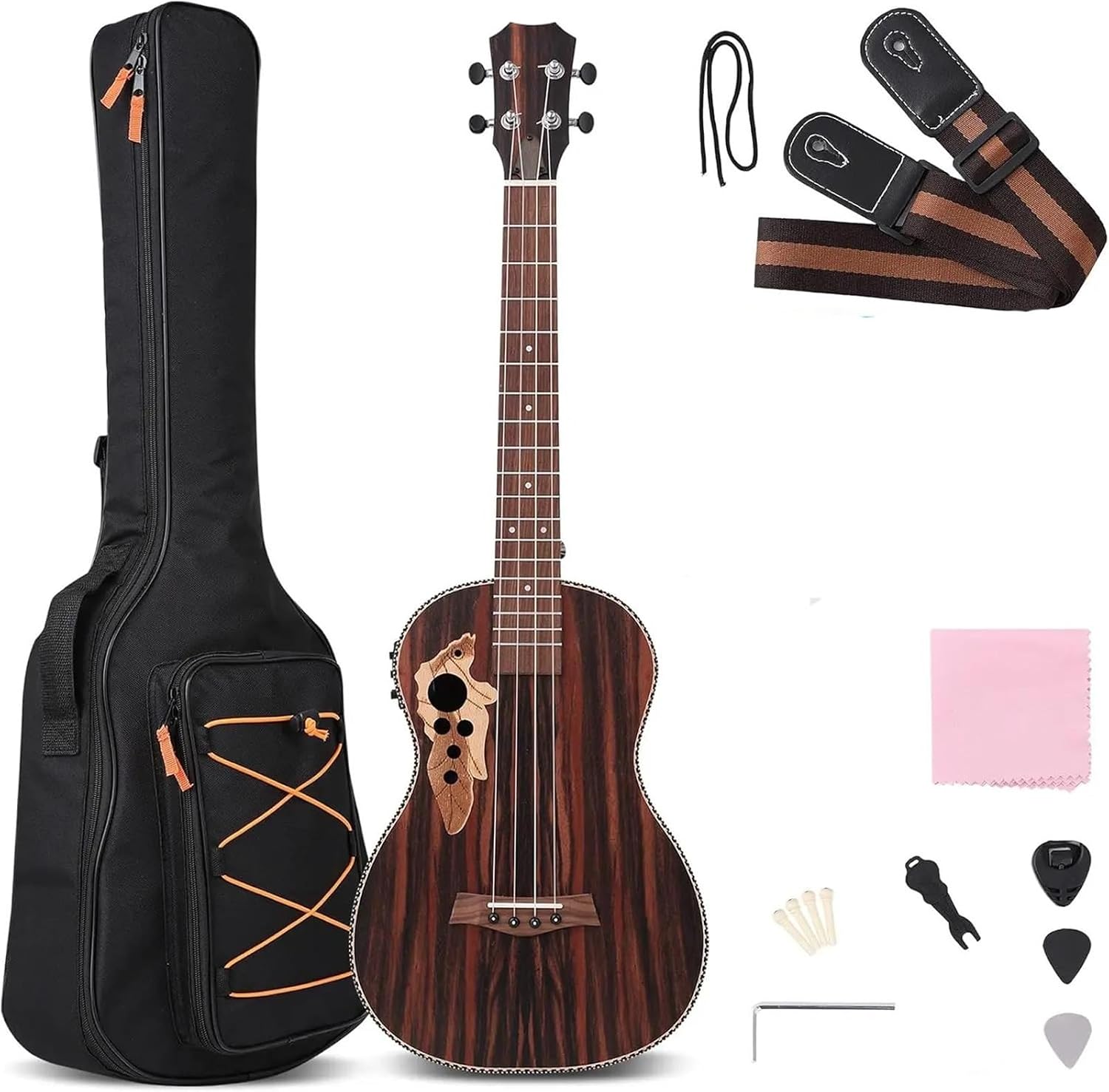 Adult Ukulele 30' All Black Wood Bass Acoustic Electric Guitar Left Hand Ukulele With Truss And EQ With Gig Bag Strap Nylon Strings(Right hand)