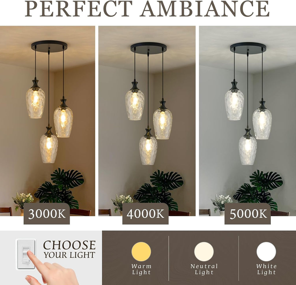 3-Light Pendant Lighting, Black Dining Room Chandelier Light Fixture Over Table with Hammered Glass, Modern Cluster Hanging Lights for Kitchen Island Sink, E26