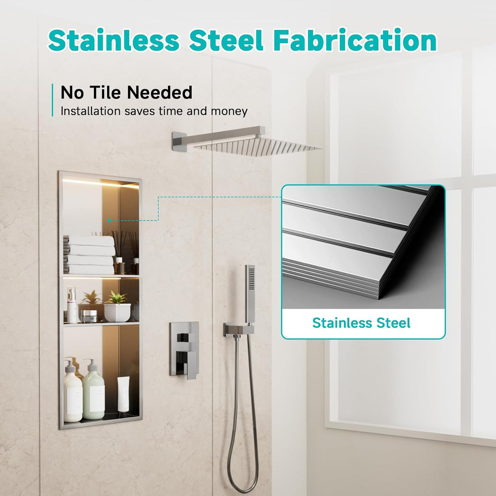 Stainless Steel LED Lights Shower Niche 12' x 30' – Recessed Wall Niche with 3-Tier Storage, Waterproof & Rustproof Modern Bathroom Shower Shelf (Brushed)