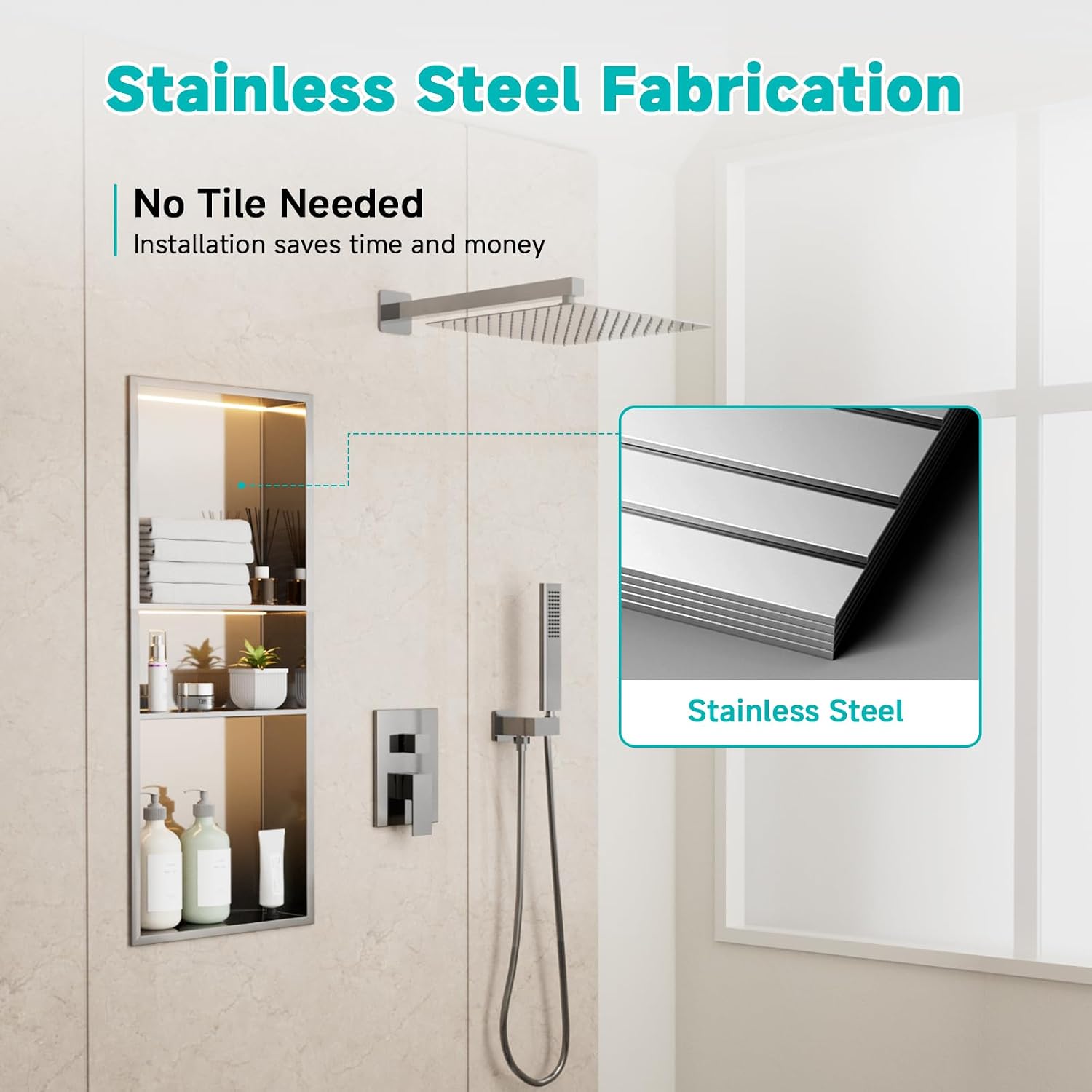 Stainless Steel LED Lights Shower Niche 12' x 30' – Recessed Wall Niche with 3-Tier Storage, Waterproof & Rustproof Modern Bathroom Shower Shelf (Brushed)
