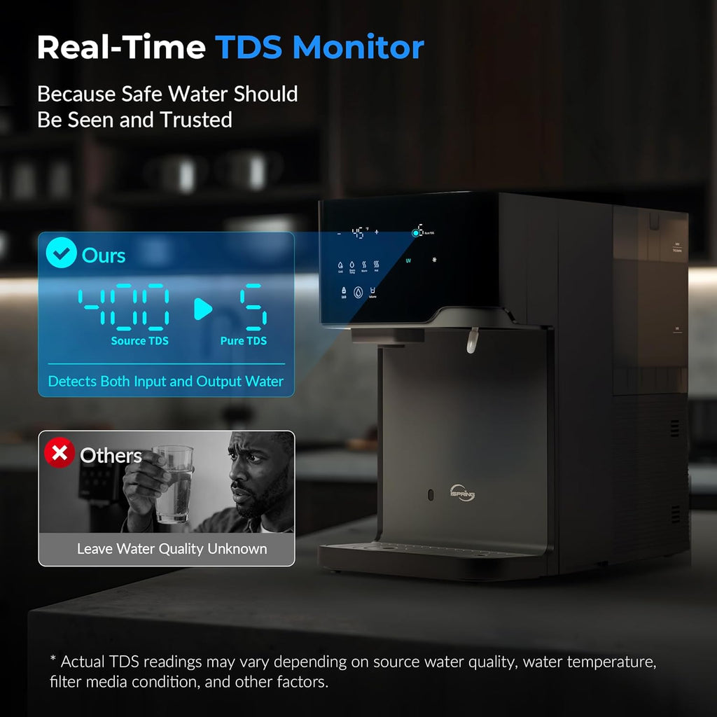 iSpring Sparkling Water Maker with UV, Hot & Cold Countertop Reverse Osmosis Water Filter, PFAS & TDS Removal, Real-Time TDS Monitor, Fits Standard Screw-in CO₂ Cylinders, Model# RCD100SPKHC
