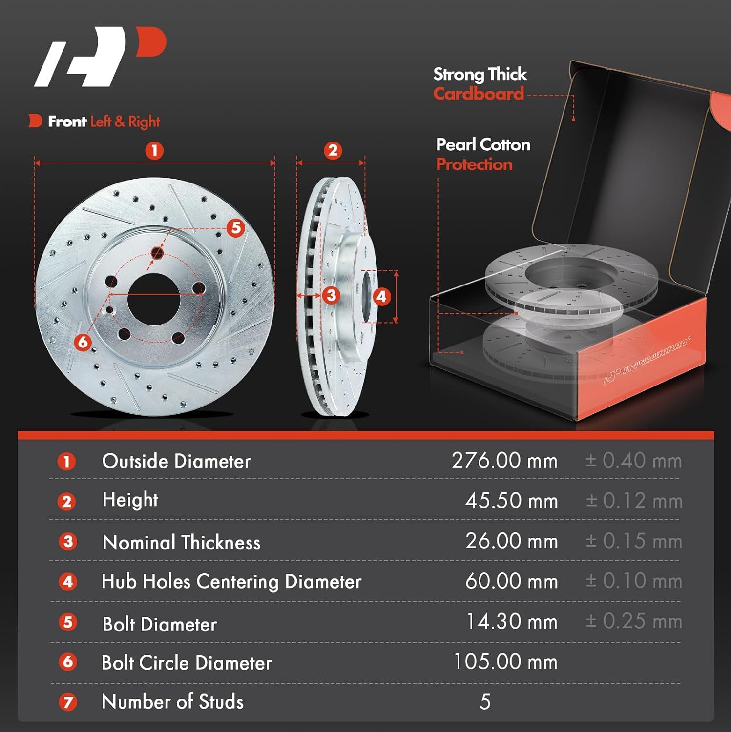 A-Premium 10.87 inch (276mm) Front Drilled and Slotted Disc Brake Rotors + Ceramic Pads Kit Compatible with Select Chevrolet Models - Cruze 2016-2019, Volt 2016-2019, Bolt EV 2017-2021, 6-PC Set