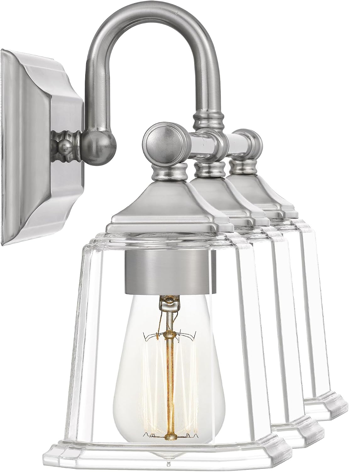 Quoizel Nicholas Vanity Lights, 22 Inch 3-Light Brushed Nickel Bathroom Lighting Fixtures Over Mirror, 100W, Clear Glass, Mid-Century Wall Mount Light for Bathrooms, Kitchen or Hallway