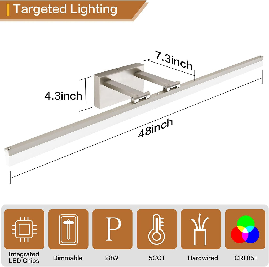 SOLFART 5 Color Temperature Dimmable 47.2 Inch Bathroom Light Fixtures Over Mirror Brushed Nickel Vanity Lights for Bathroom Modern LED Light Fixture 5CCT
