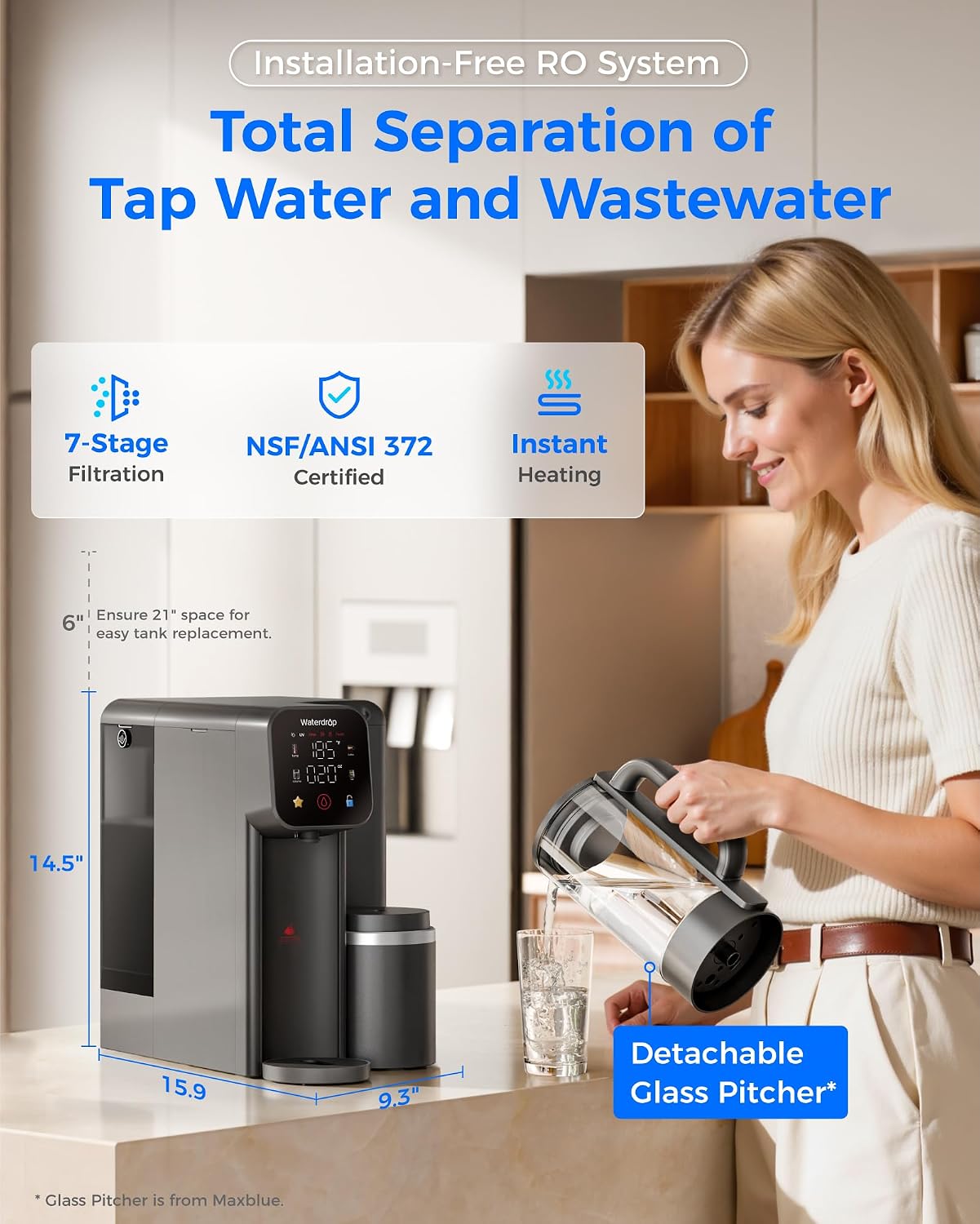 Waterdrop WD-M6H Instant Hot Reverse Osmosis System Countertop Water Filter with WD-M6RF Filter, Replacement for WD-M6H, 12-Month Lifetime