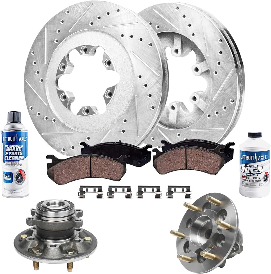 Detroit Axle - RWD Front Brake Kit for 09-12 Chevrolet Colorado GMC Canyon, Drilled & Slotted Brake Rotors Ceramic Brake Pads Wheel Bearing and Hubs 2009 2010 2011 2012 Replacement