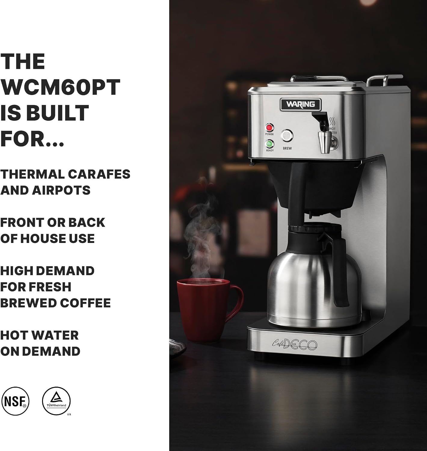 Waring Commercial Café Deco Thermal Coffee Brewer, 3.9 Gallons per Hour, Fits Large 64 oz Thermal Carafes, Stainless Steel, Front Mounted Faucet, NSF Certified, WCM60PT