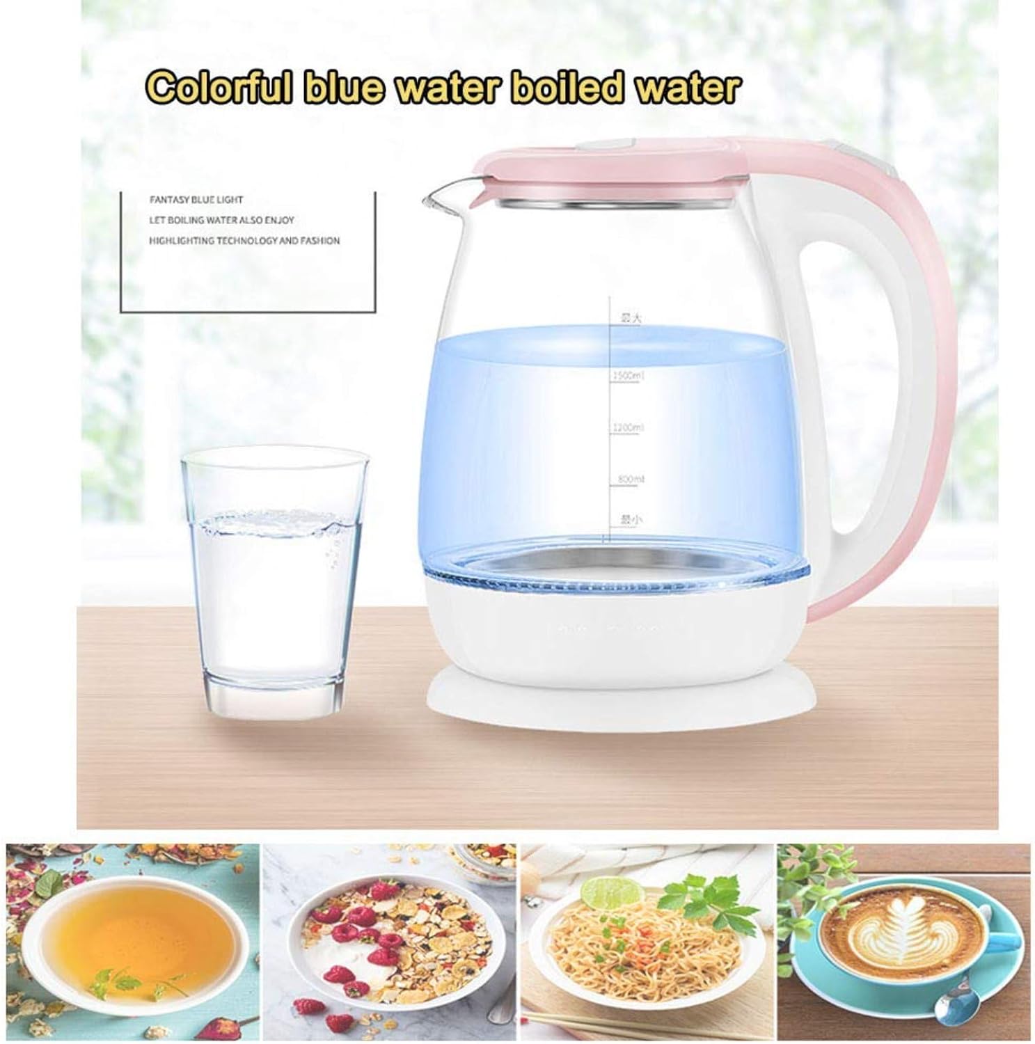 Eco Glass Electric Kettle, 1.8L Cordless Water Kettle with Blue Led Illuminated, Tea Water Kettle, Auto Shut-Off & Boil-Dry Protection, Stainless Steel Inner,Blue