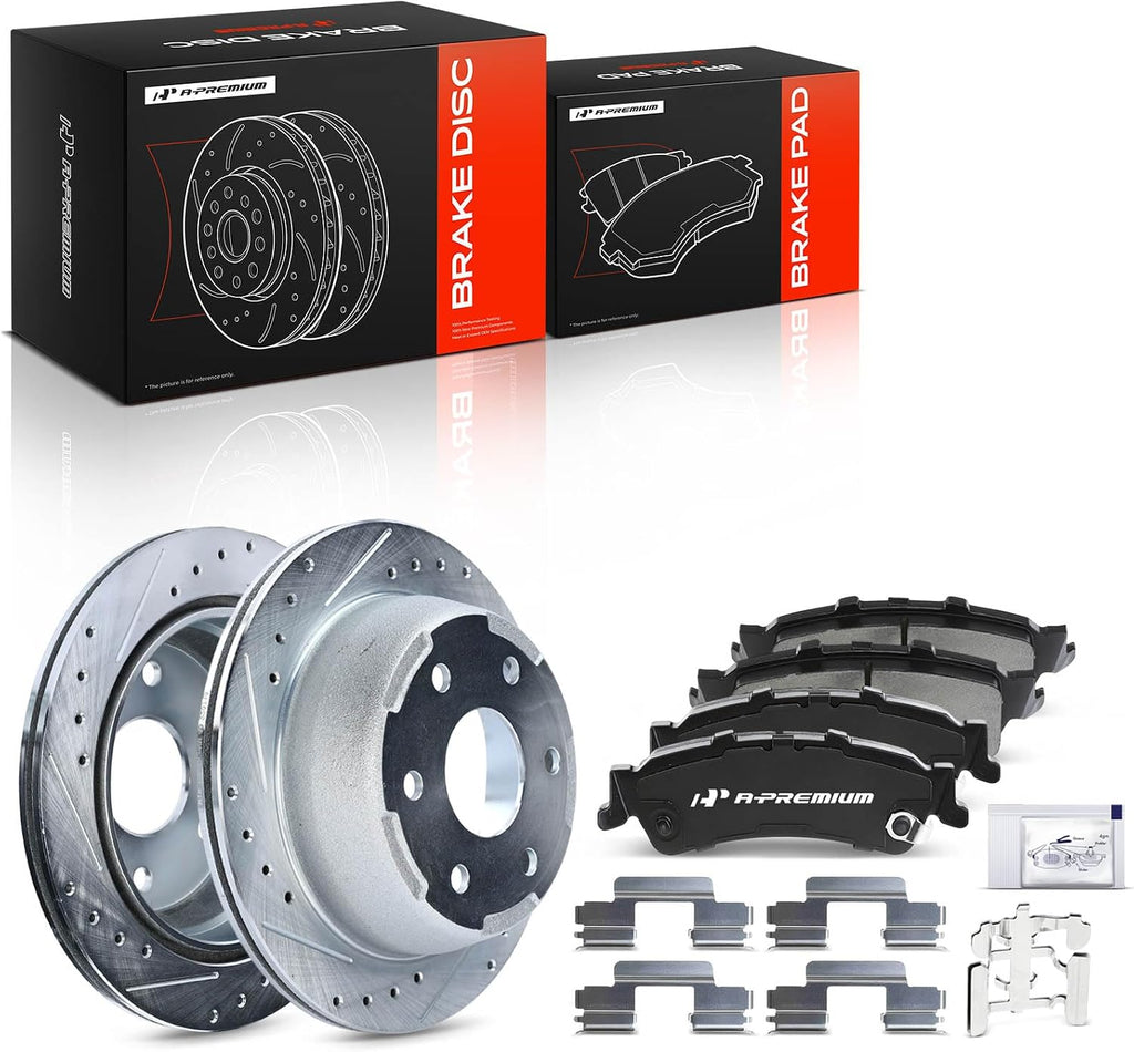 A-Premium 12.80 inch (325mm) Rear Drilled and Slotted Disc Brake Rotors + Ceramic Pads Kit Compatible with Select Chevy and GMC Models - Silverado 1500/Sierra 1500 99-06, Tahoe, Astro, Safari, Yukon