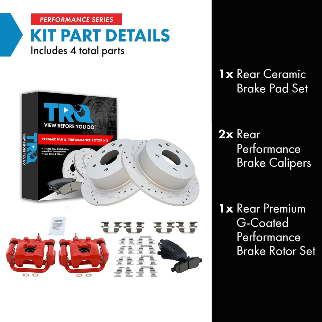 TRQ Performance Rear Brake Pad and Rotor Set Ceramic Coated Drilled Slotted Vented Rotors Calipers Red Compatible with 2009-2012 Nissan Altima 2007-2008 Maxima