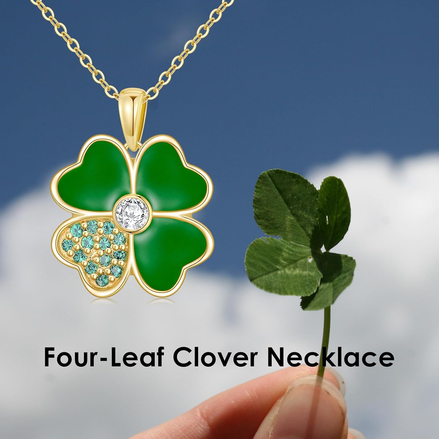 Aihpos Four Leaf Clover Necklace for Women 14K Solid Gold Green Lucky 4 Leaf Clover Necklace Ladybug Necklace