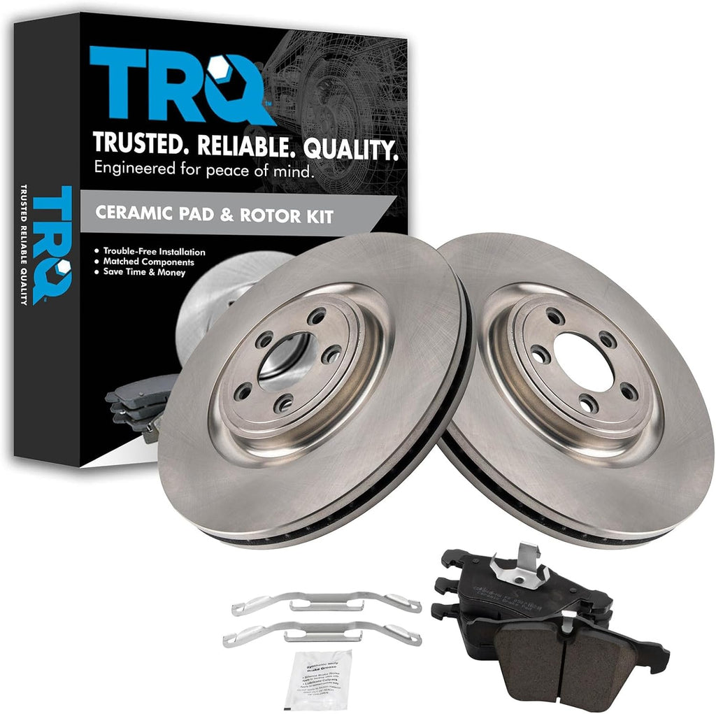 TRQ Front Brake Pad and Rotor Set Ceramic Vented Rotors Compatible with 2006-2008 Jaguar S-Type 2005-2009 Super V8 2009-2015 XF 2010-2019 XJ XJR 2010-2015 XK 2007-2009 XKR