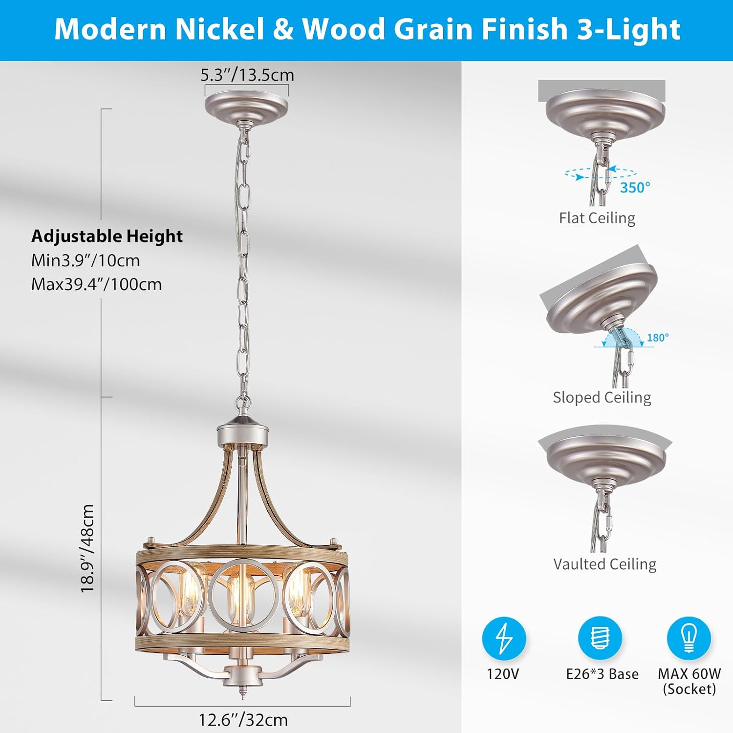 XINGQI 12.6' Modern Farmhouse Chandeliers Round 3-Light Dining Room Light Fixture Over Table Metal Drum Pendant Hanging Lamp Brushed Nickel and Wood Grain Finish for Entryway Bedroom Kitchen
