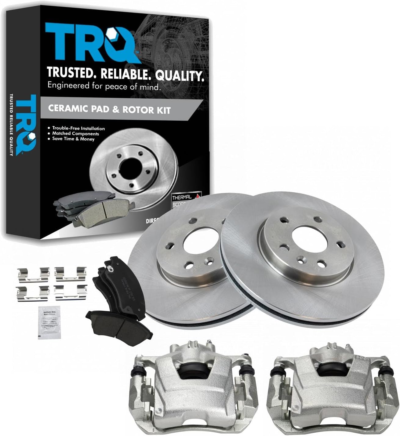 TRQ Front Brake Pad and Rotor Set Ceramic Vented Rotors Calipers Compatible with 2011-2015 Chevrolet Cruze 2016 Cruze Limited 2012-2017 Sonic