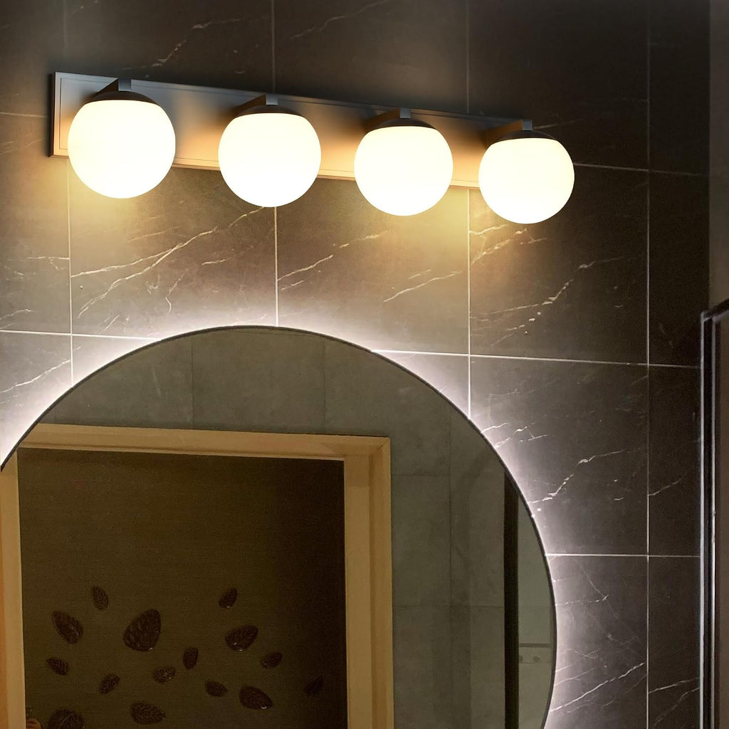 Bathroom Vanity Light Fixtures, 4-Light Globe Bathroom Lighting Fixtures Over Mirror, Modern Wall Lights for Living Room, Long Backplate, Standard E26 Base, Brushed Nickel