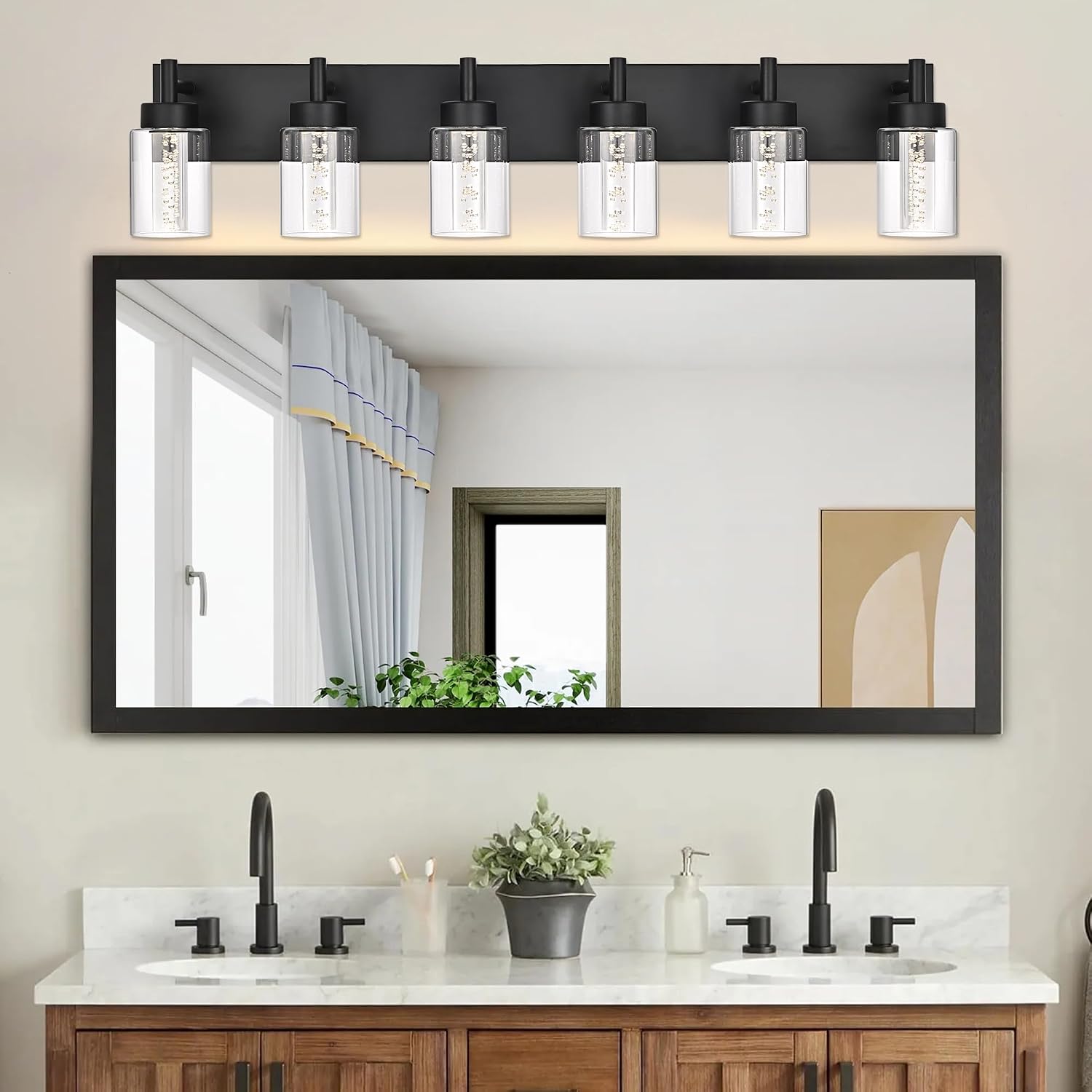LED Bathroom Vanity Light Fixtures, 6 Light Indoor Wall Sconces Lighting with Clear Glass Shade and Crystal Bulb Black Lights for Mirror, Kitchen, Living Room, Gallery(LED Bulbs Included)