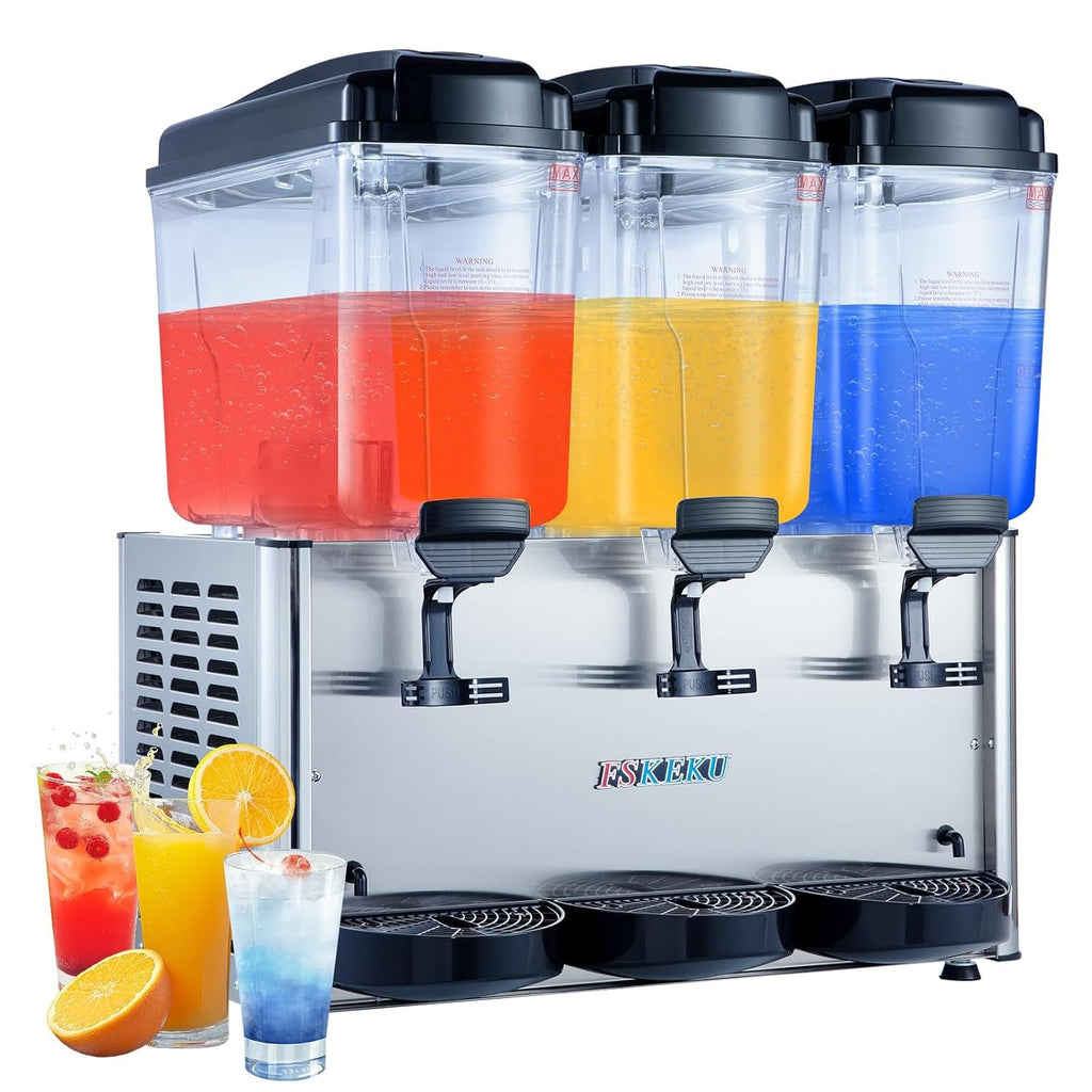 Commercial Beverage Dispenser 54L 14.3 Gal Triple Tank Refrigerated Drink Machine 400W Stainless Steel Cold Juice Dispenser with LED Lighting and 360 Degree Stirrer 110V