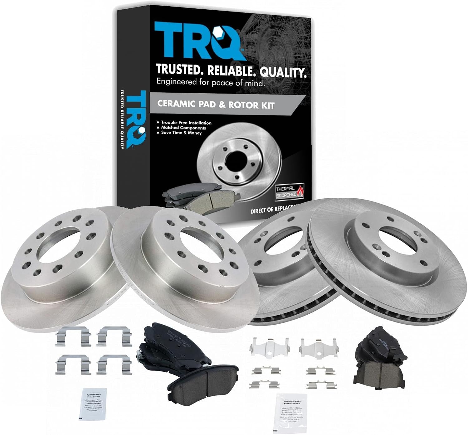 TRQ Front and Rear Brake Pad and Rotor Set Ceramic Vented Solid Rotors Compatible with 2003-2008 Hyundai Tiburon