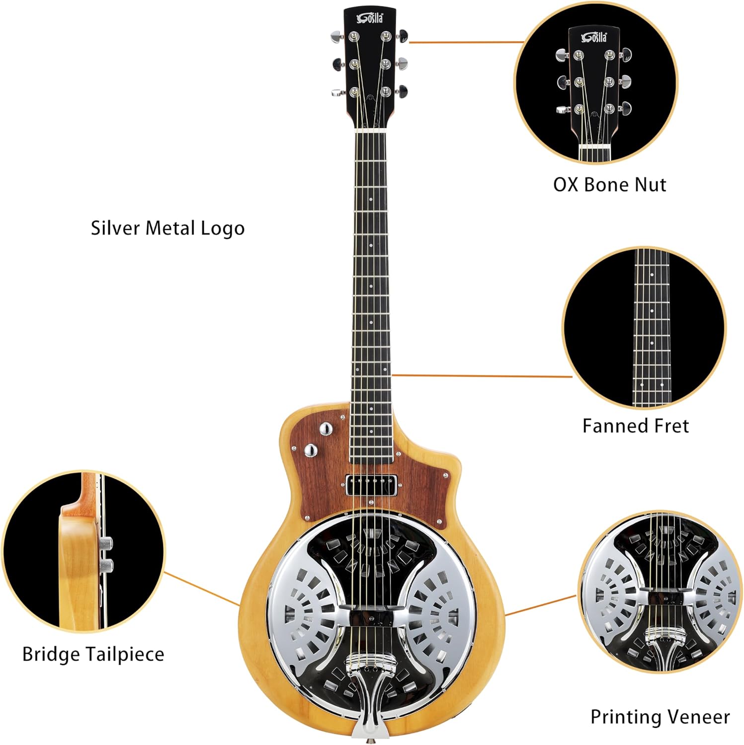 6-String Electric Resonator Guitar Solid Paulownia Top & Body, Okoume Neck, Purple Heart Fingerboard, HH Ceramic Pickups, 635mm Scale, Matte Finish, Phosphor Bronze Strings