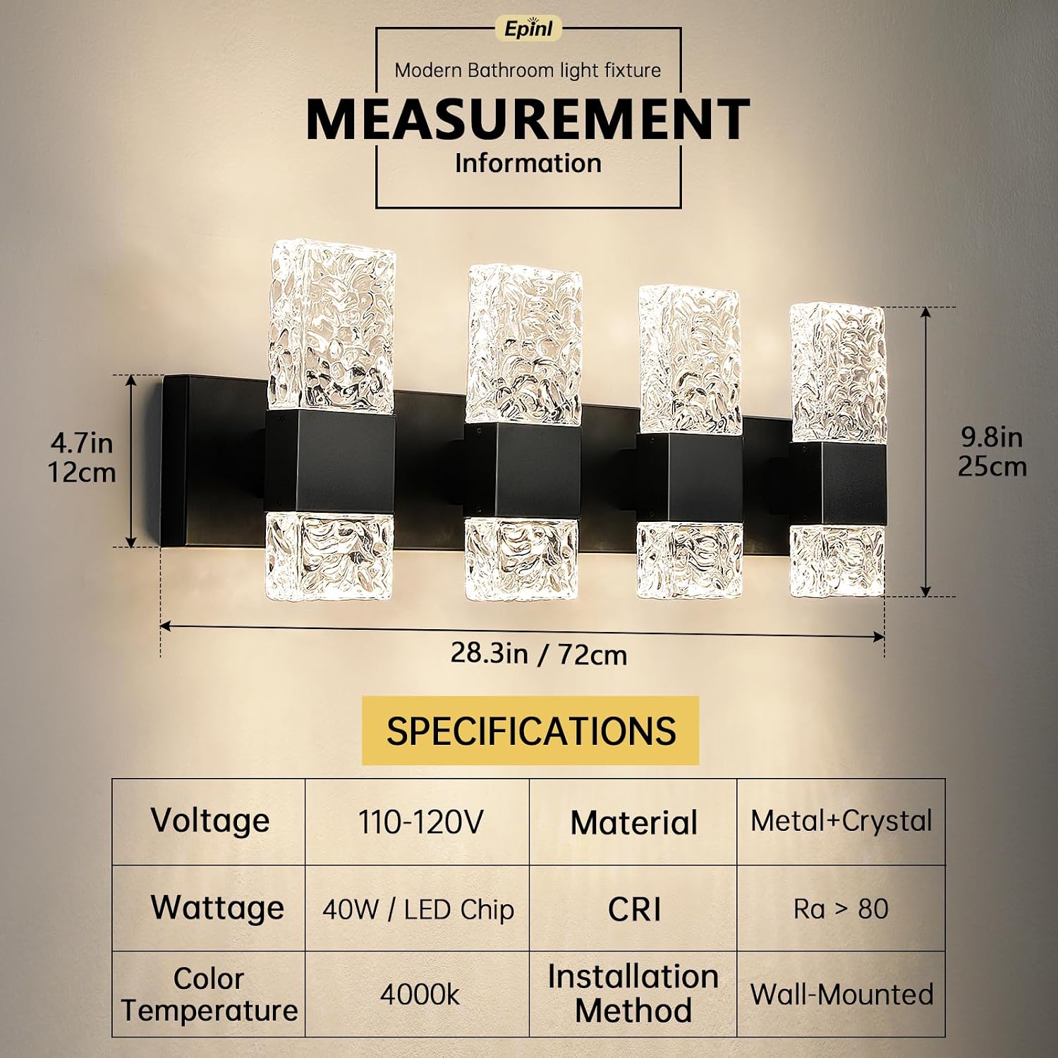 Epinl Black Bathroom Vanity Light Fixtures Bathroom Light Fixtures Over Mirror 4-Light 4000K LED Crystal Wall Sconces Modern 40W Brushed Hardwired Wall Lights for Bathroom Bedroom Living Room
