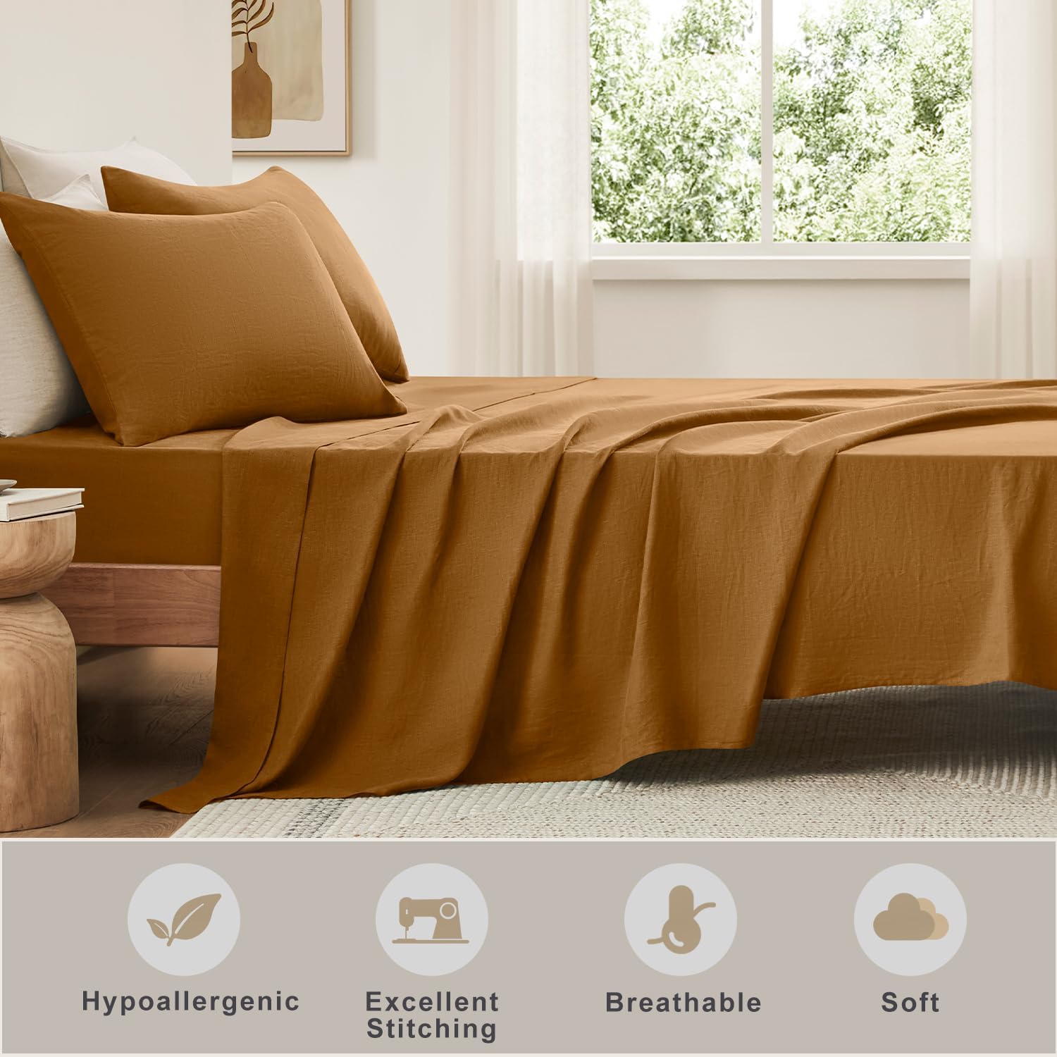 TOSMO Pure Linen Sheets Set, 100% French Natural Linen Flax Bedding 4pc Set (Queen, 1 Flat Sheet, 1 Fitted Sheet, 2 Pillowcases) - Butternut
