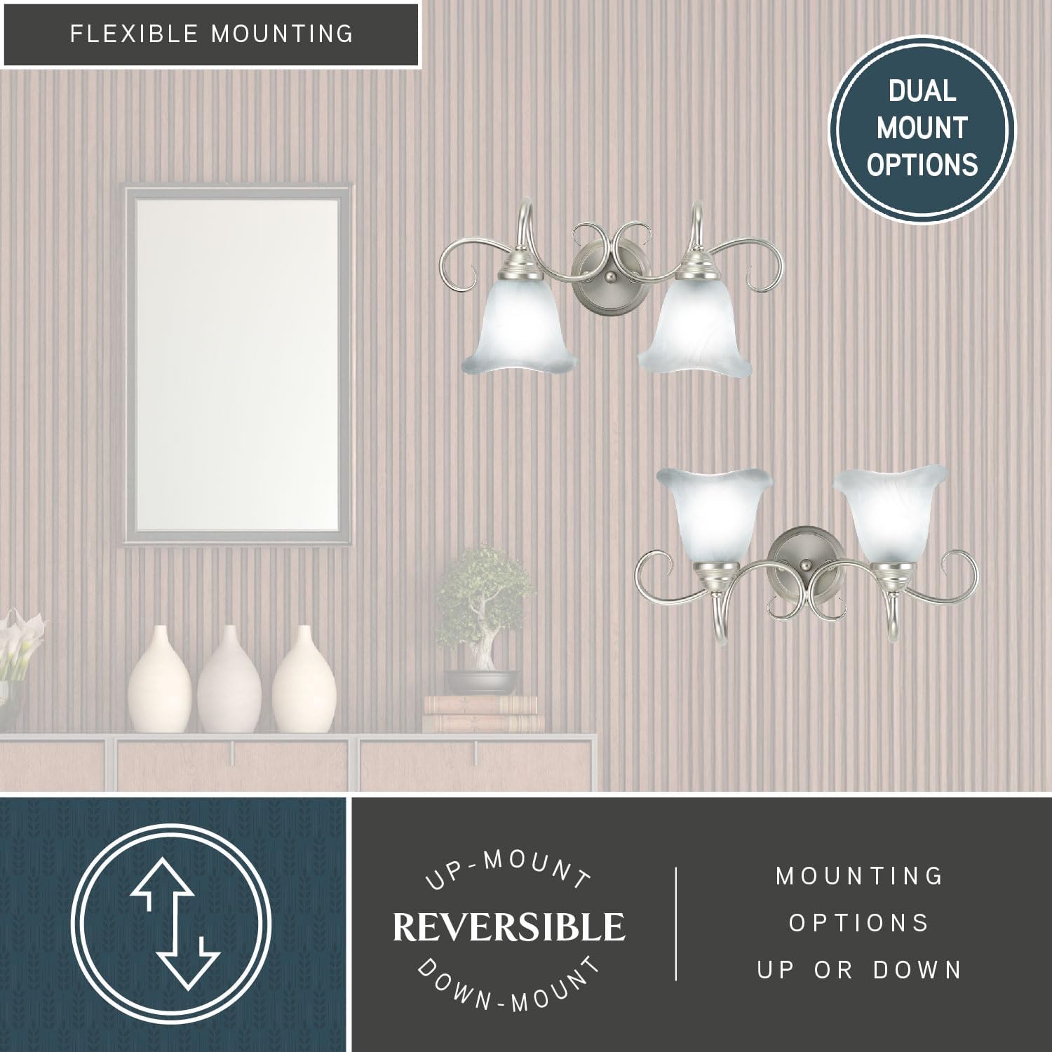 VAXCEL Bella 2-Light 19.75 inch Wide Brushed Nickel Transitional Bathroom Vanity Lighting Fixture, White Alabaster Scalloped Glass Shade, Dimmable, LED Compatible, Over The Mirror Mounted Wall Sconce