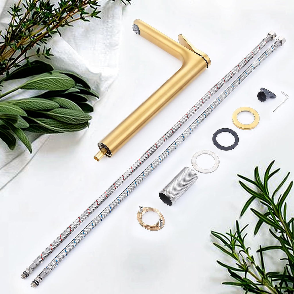 12 Inch Tall Vessel Sink Faucets - Hoanmpy Bathroom Faucet,Modern 22° Angle Outflow Nozzle Handle One Hole Bathroom Vanity Faucets - Brass Lavatory Faucets Brushed Gold