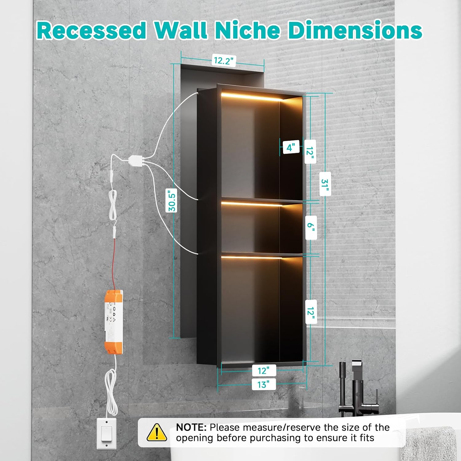 Black Stainless Steel Shower Niche with LED Lights 12' x 30' – Recessed Shower Shelf with 3-Tier Storage, Waterproof & Rustproof Bathroom Wall Niche