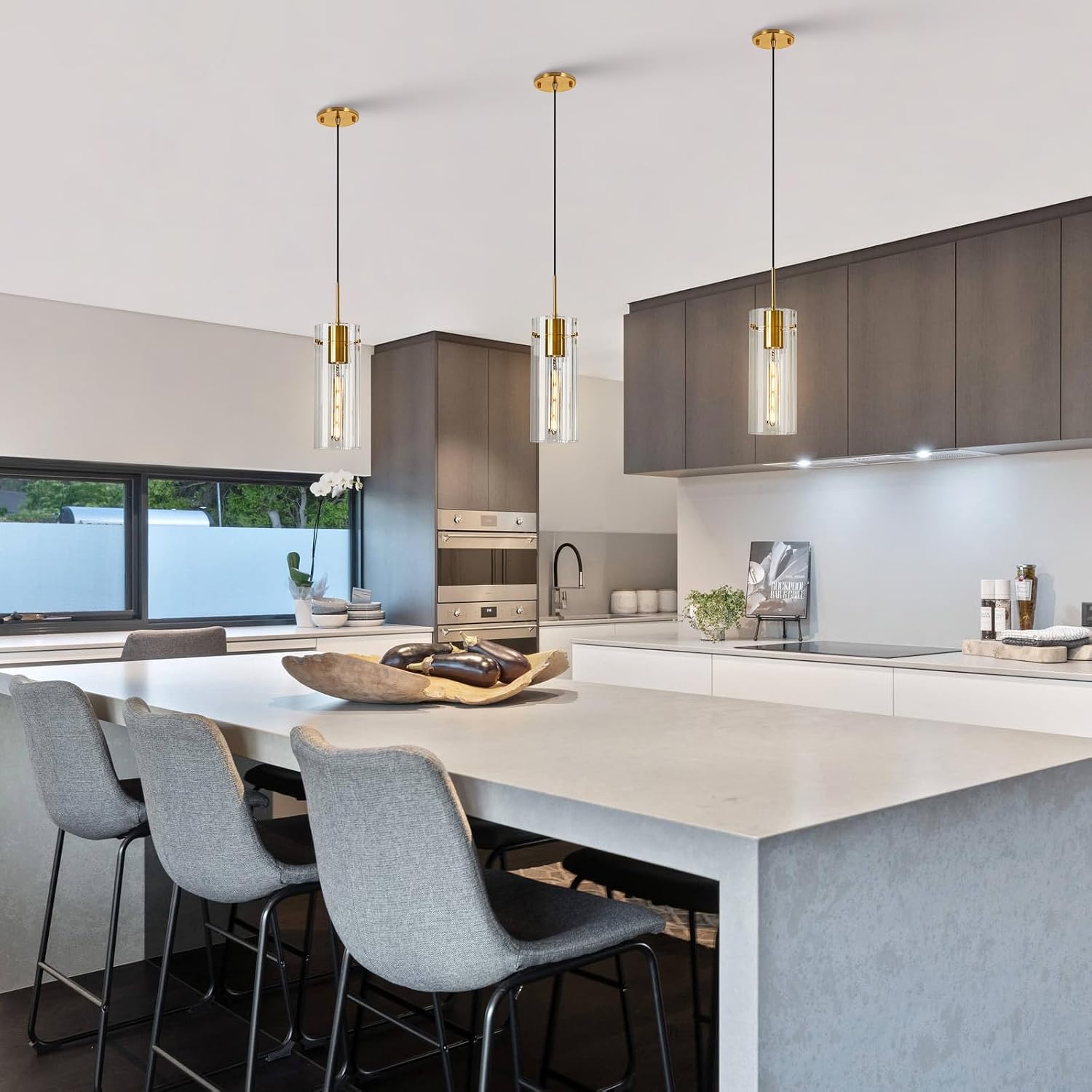Gold Pendant Light Fixtures, 3 Pack Modern Pendant Lighting with Clear Striped Glass Shade, Hanging Pendant Lights Kitchen Island, Farmhouse Pendant Lighting for Dining Room Bedroom Bathroom