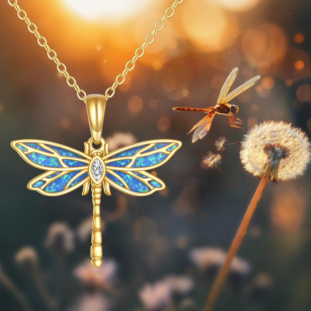 DOVRAN Real Solid Gold Birthstone Butterfly/Dragonfly/Bee/Hummingbird Necklace for Women Yellow Gold Animal Pendant for Christmas Dainty Jewelry Birthday Gifts for Mom Wife
