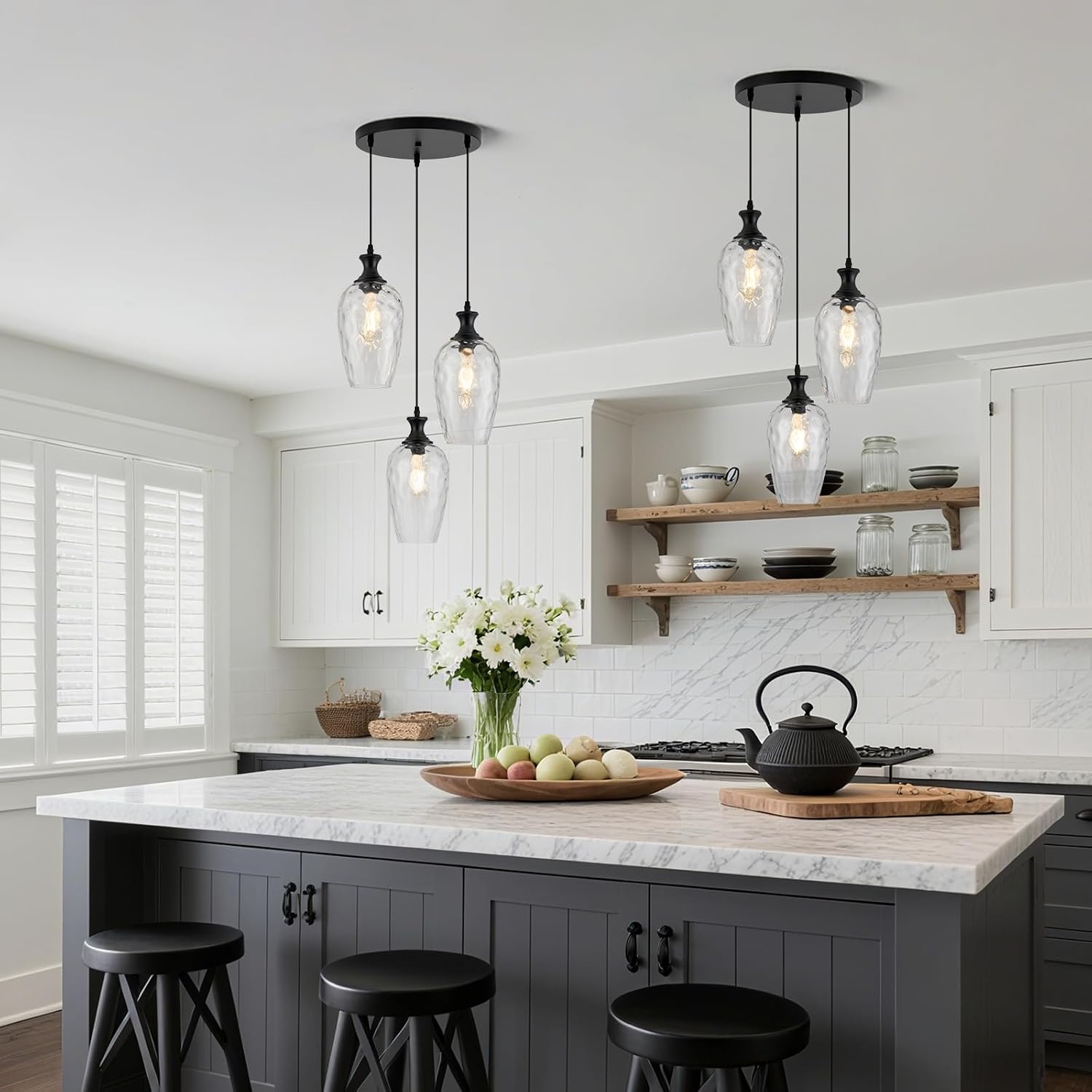 3-Light Pendant Lighting, Black Dining Room Chandelier Light Fixture Over Table with Hammered Glass, Modern Cluster Hanging Lights for Kitchen Island Sink, E26