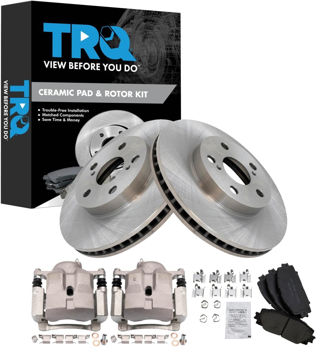 TRQ Front Brake Pad and Rotor Set Ceramic Rotors Calipers Compatible with 2011-2016 Lexus CT200h 2010-2015 Toyota Prius 2012-2015 Prius Plug-In