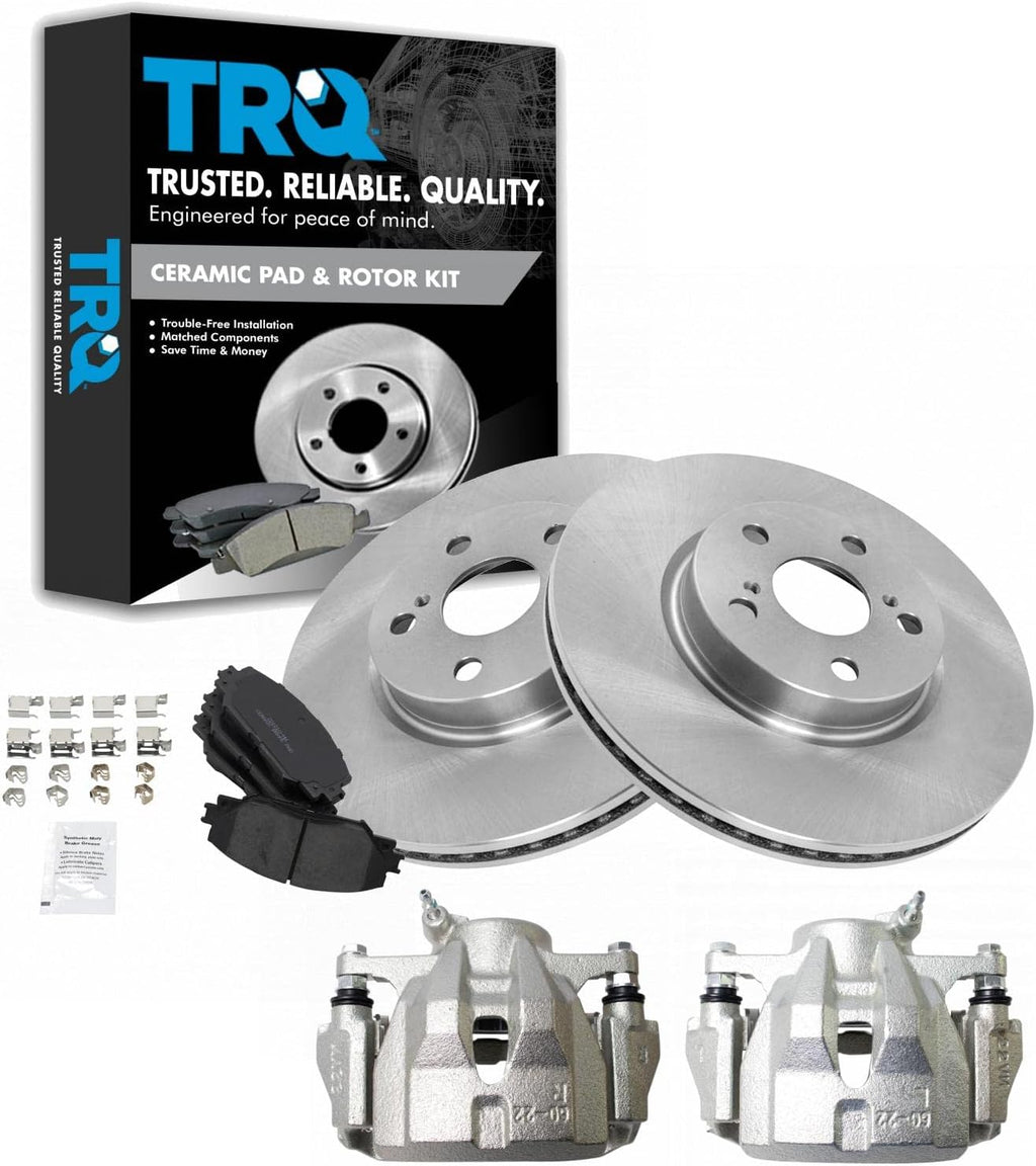 TRQ Front Brake Pad and Rotor Set Ceramic Vented Rotors Calipers Compatible with 2009-2018 Toyota Corolla 2009-2014 Scion xD 2009-2013 Matrix 2009-2010 Pontiac Vibe