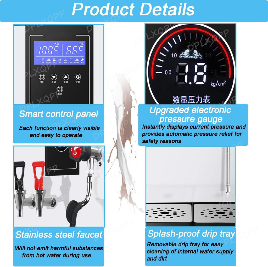 Commercial Grade Milk Frother and Hot Water Dispenser,304 Stainless Steel Inner Tank,Auto Pressure Relief,Anti-Scald Handles,LED Temperature Display,50l/H High Efficiency for Professional Use Silver