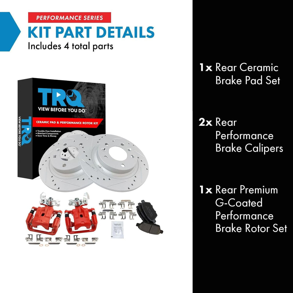 TRQ Performance Rear Brake Pad & Rotor Set Ceramic Coated Drilled Slotted Rotors Calipers Compatible with 06-12 Ford Fusion 2006 Lincoln Zephyr 07-12 Lincoln MKZ 06-13 Mazda 6 06-11 Mercury Milan